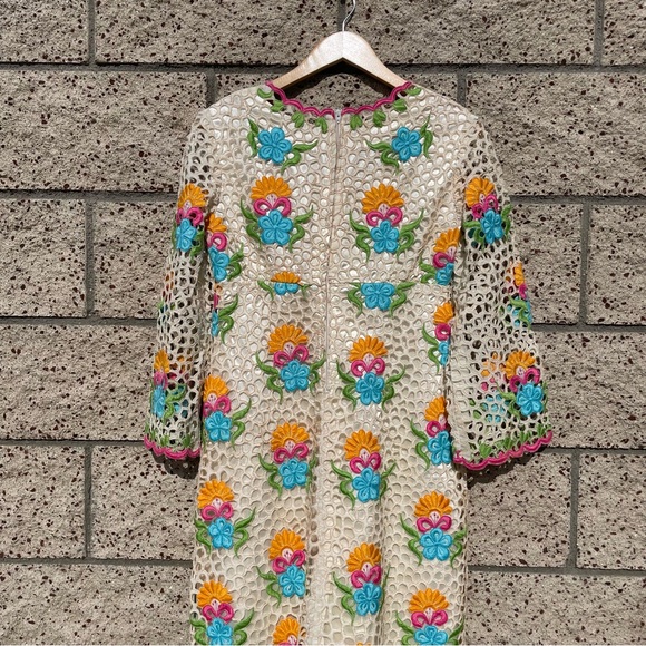 VTG *RARE* Handmade 1960s Maxi Empire Waist Bell Sleeve Lace Floral Dress - Picture 10 of 11